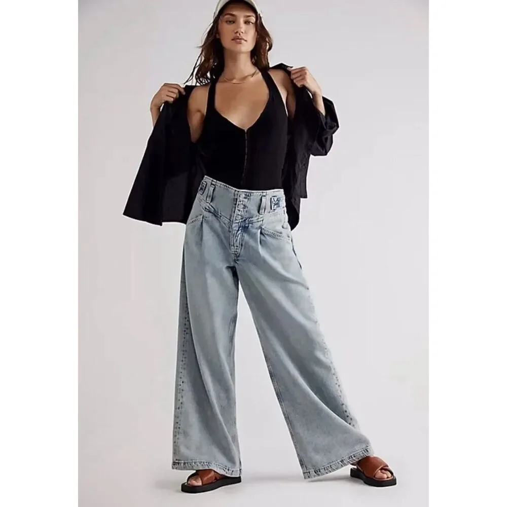 Care FP Super Sweeper Button Fly Wide-Leg Flood Jeans sz M - Picture 2 of 11